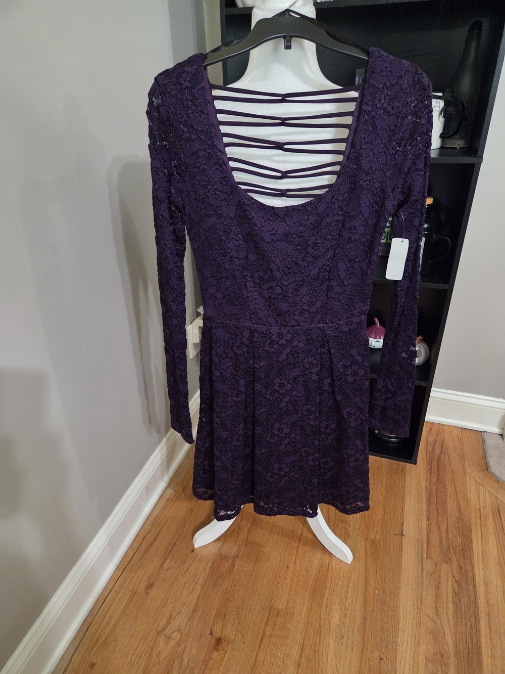 B Darlin Purple Lace Long Sleeve Fit & Flare Dress with Strappy Back